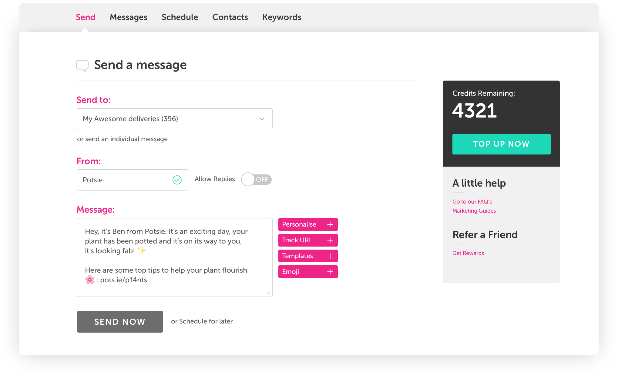 FireText's SMS platform makes complicated systems a thing of the past. You will be able to log in and start sending in seconds. There are lots of super handy features included too such as text message temples, SMS URL tracking, emojis and much more!