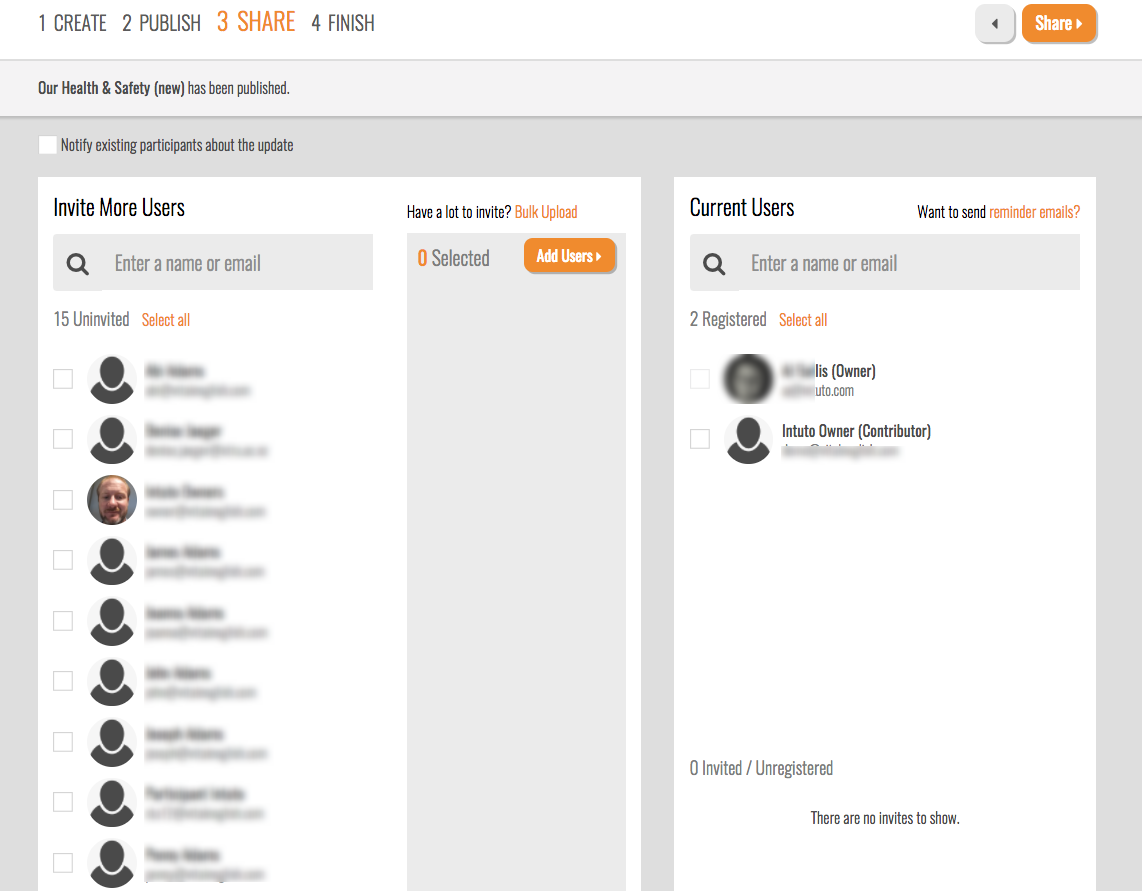 Intuto Software - Sharing content is made easy and is designed to simplify administration. Content can be shared by entering the recipient's email, sharing a self-register link or by bulk upload.