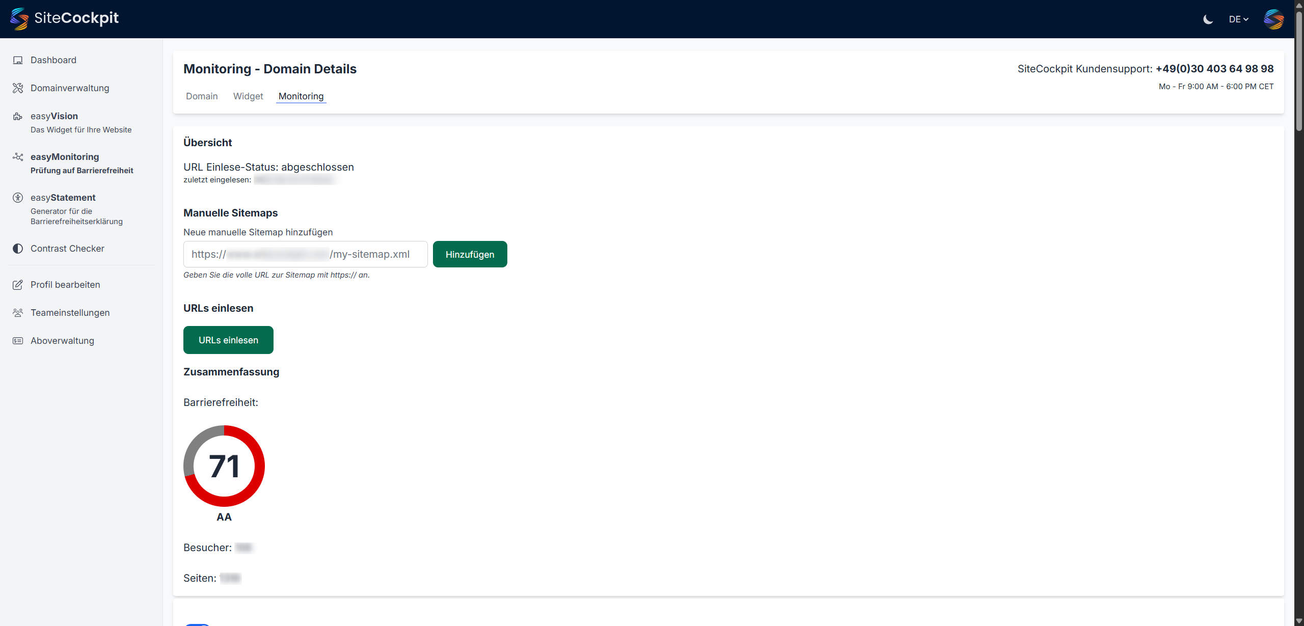 SiteCockpit screenshot: SiteCockpit domain details