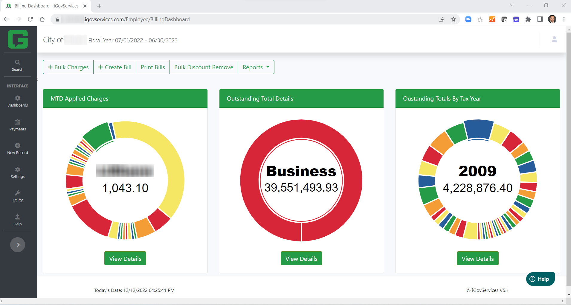 iGovServices screenshot: Simplify your billing process using iGovServices' Billing Dashboard. Apply charges to all parcel or business records with a single click and monitor your receivables with drill-down data access.