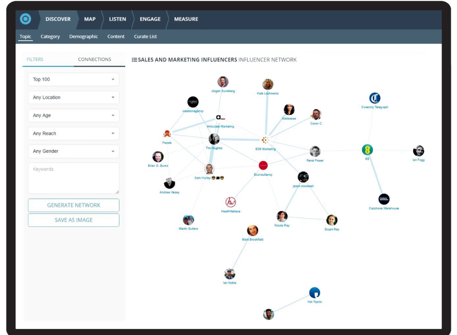 See how influencers interact together on an interactive network map, which can be filtered by location, age, gender and reach