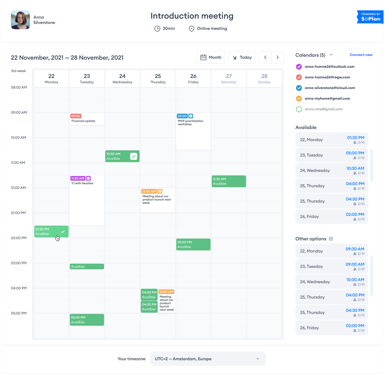 SoPlan screenshot: Easy calendar overview where customers can overlay their own calendar for finding mutual availability easier