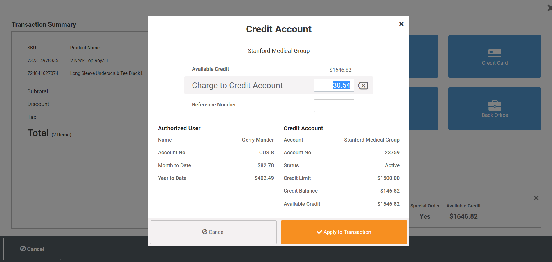 MicroBiz Cloud POS Software - Credit Accounts and Accounts Receivable - Set-up and manage customer credit accounts, allowing your customers to bill their purchases to their employers credit account.  Set credit limits, send out statements and apply payments to the account.