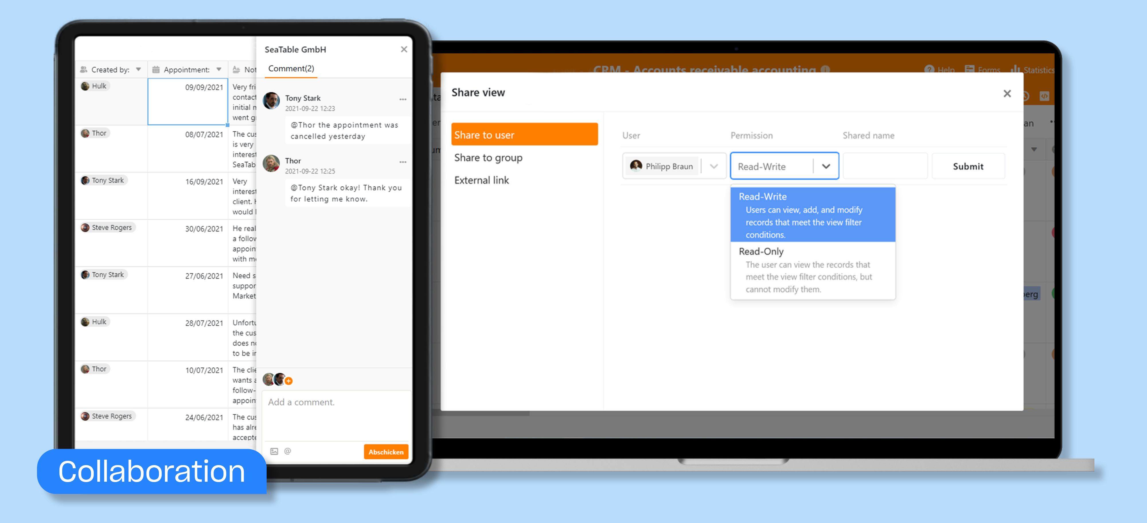 In just a few clicks, you can add your team members to SeaTable, assign tasks, mark individual team members, set permissions and comment on the various tasks. This way, everyone in the team always stays informed and knows what needs to be done.