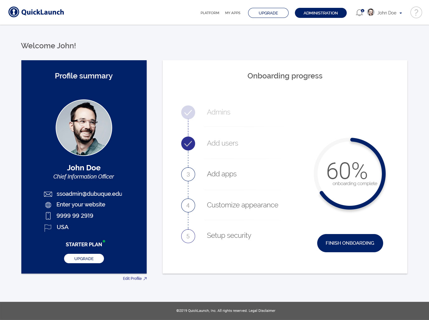 QuickLaunch SSO screenshot: Admin User Interface