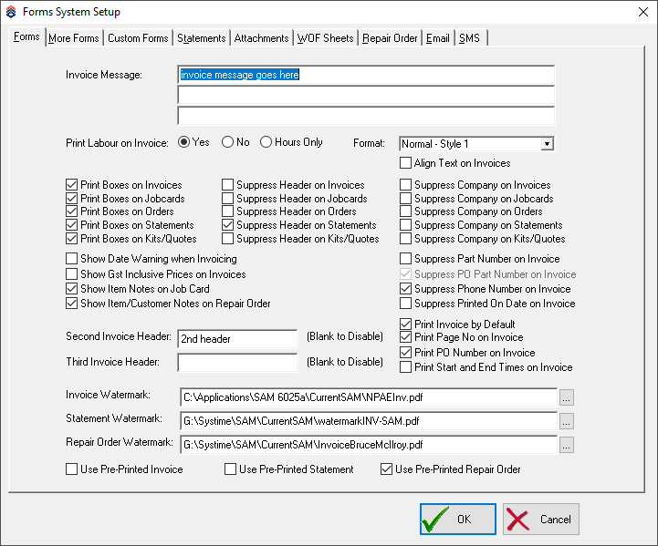 SAM Software - Forms set up