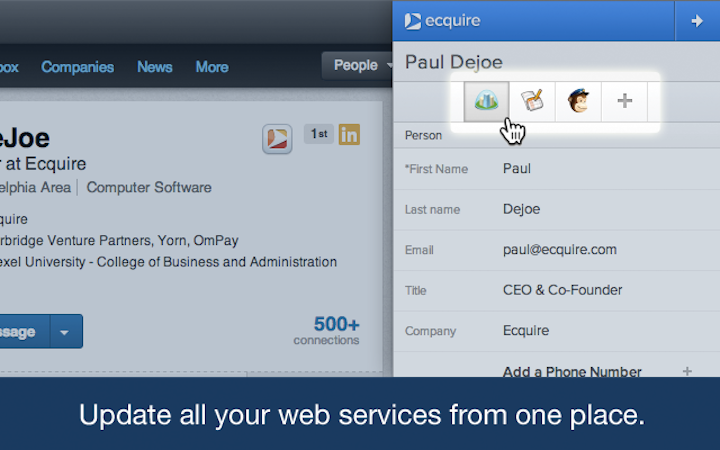 Ecquire screenshot: Update all your web services from one place