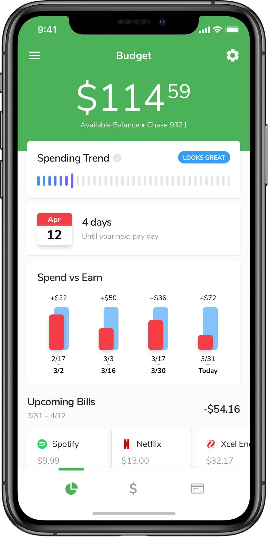 Get an overview of upcoming account, upcoming expenses, and spending
