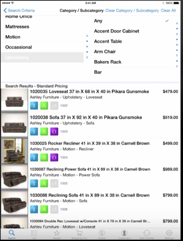 Furniture Wizard mobile app search results
