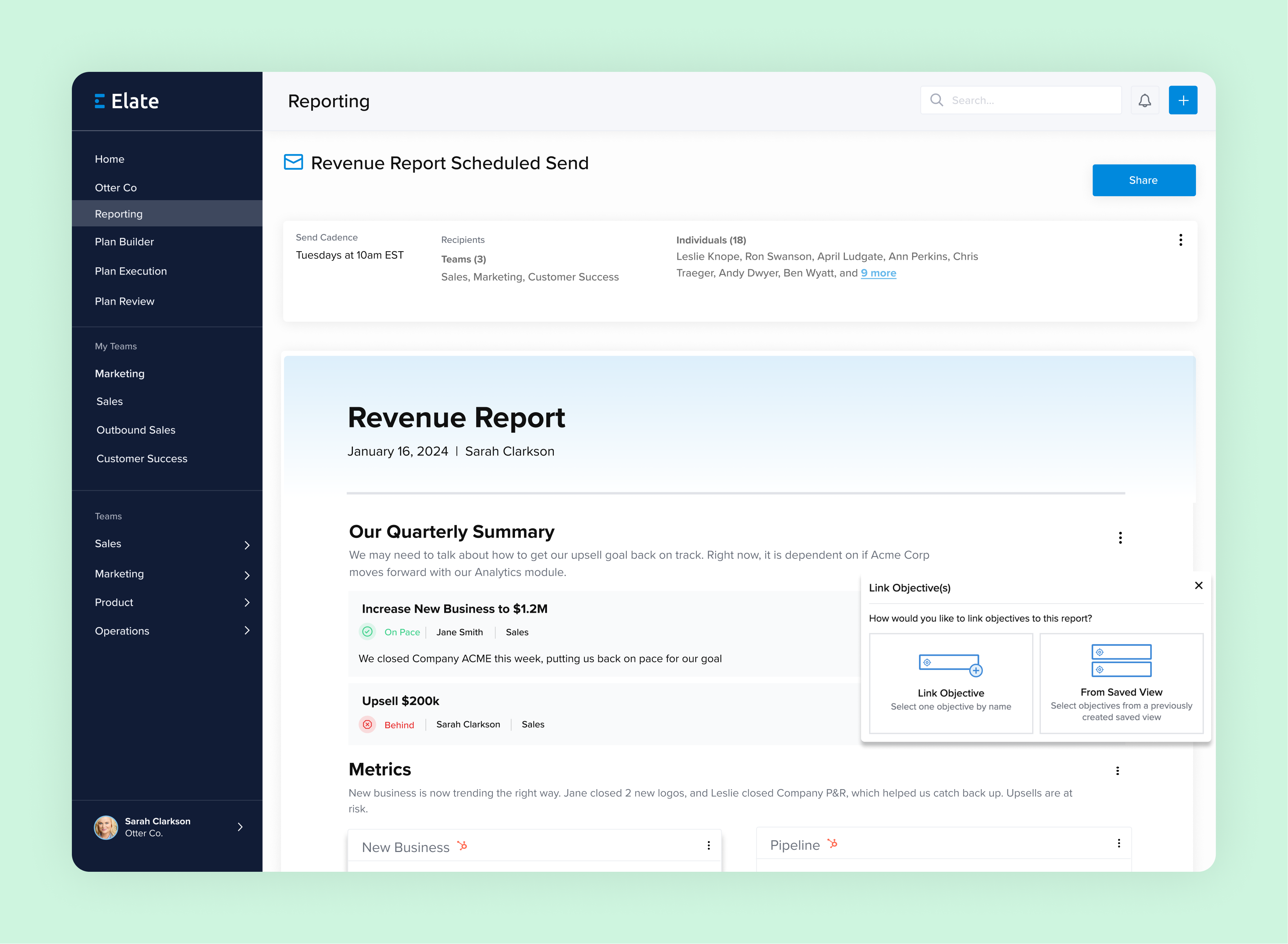 Advanced Reporting is the first of it's kind. Connect your Objectives to pull real-time information on your strategy. Schedule your sends. Great for Leadership and CEO rollups. Shifts the focus fro "what's been done" to "what are we going to do about it".