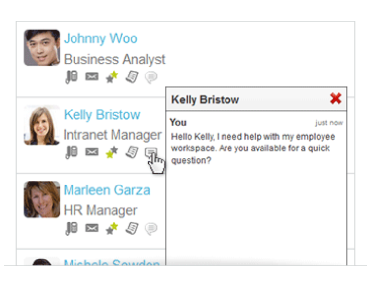 Live chat is available through the People Directory, allowing users to start conversations with employees with a single click
