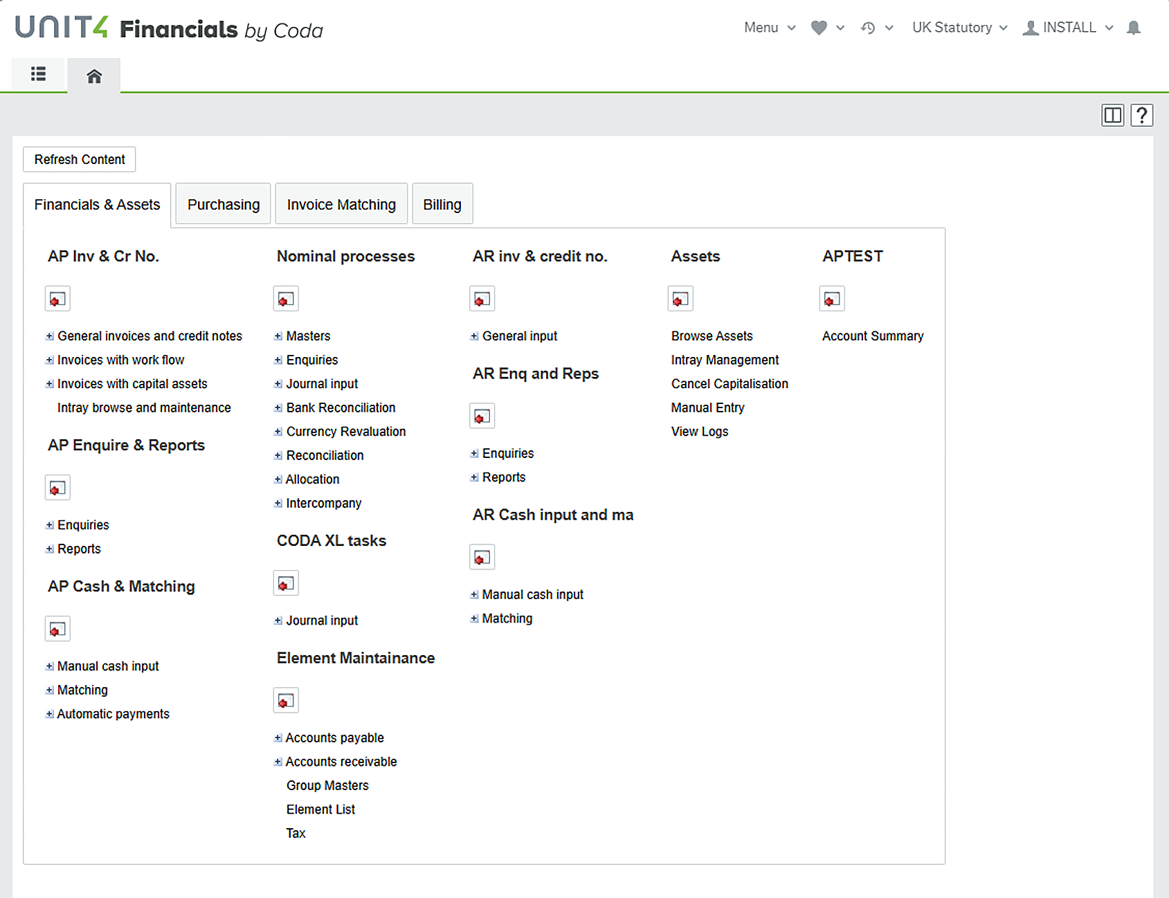 Unit4 Financials by Coda screenshot: Unit4 Financials by Coda Menu