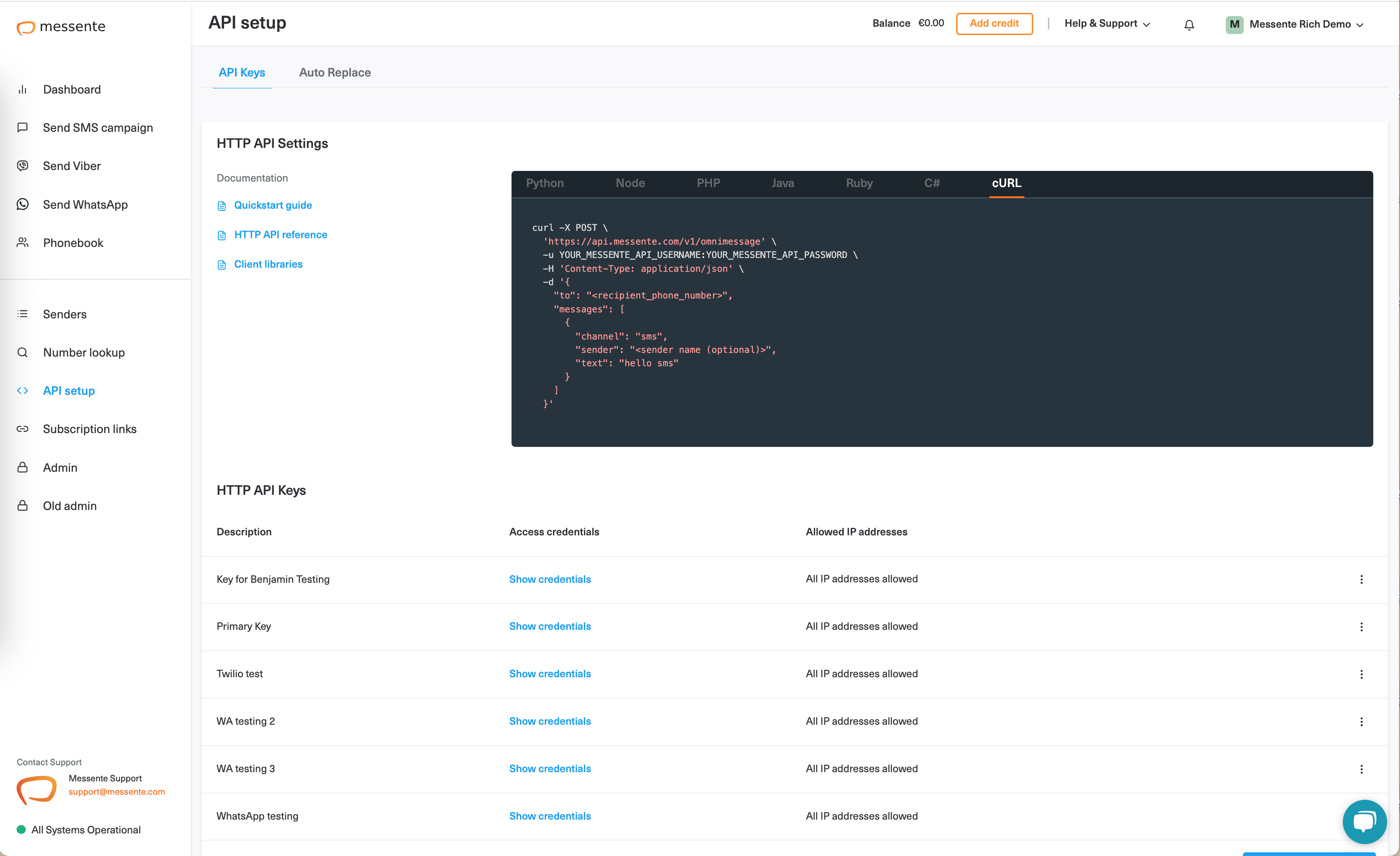 Messente Software - Messente API key