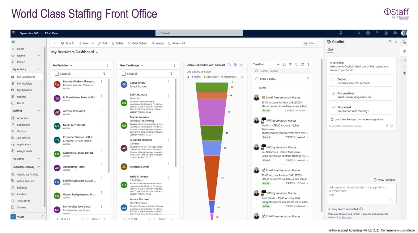 1Staff Front Office screenshot: 1Staff Front Office, built on Microsoft Dynamics 365, unifies sales, recruitment, and compliance in one platform. Manage candidates, clients, jobs, and workflows with built-in automation, CRM tools, and Microsoft 365 integration.
