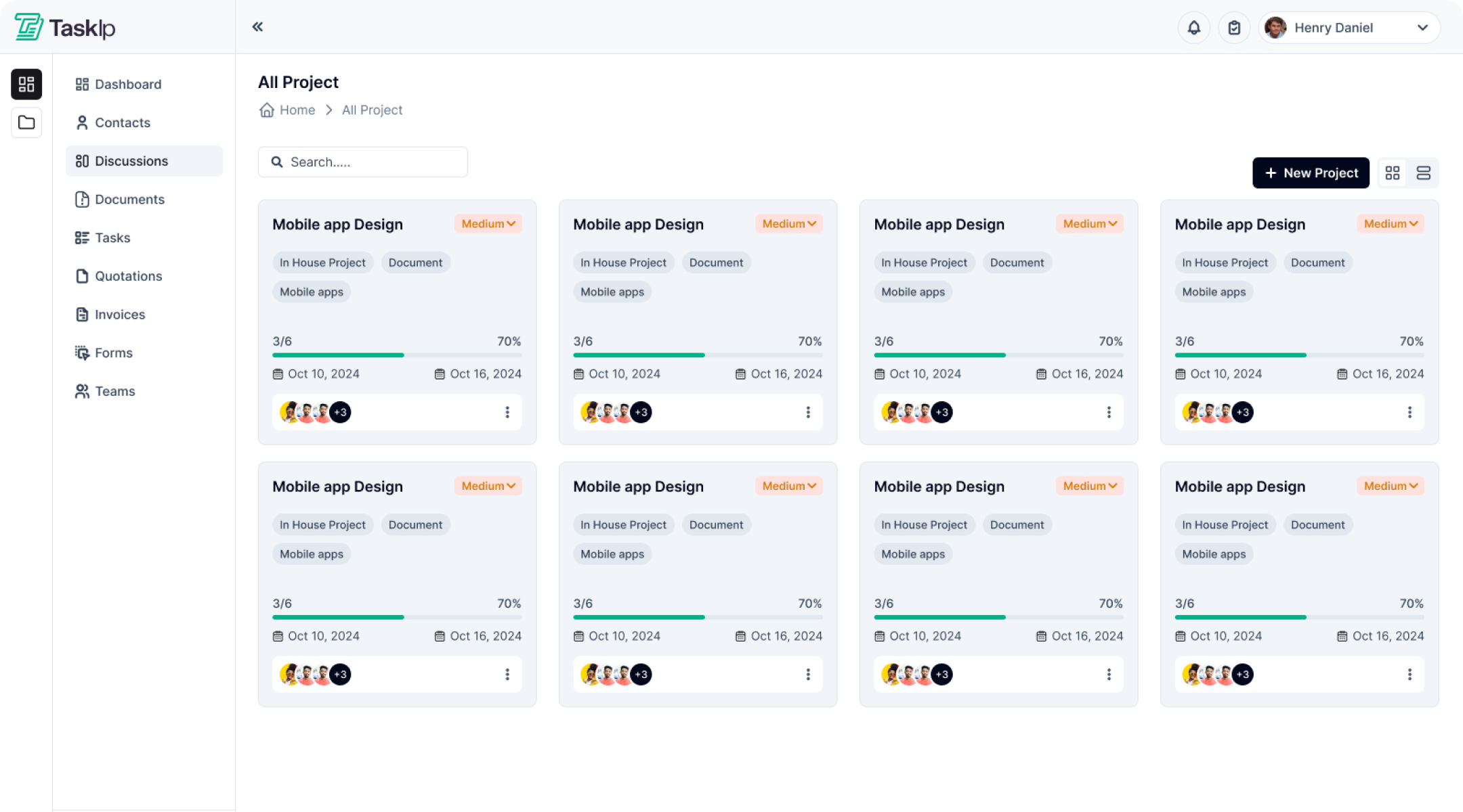 Taskip screenshot: 
Taskip's project management tool helps users streamline their workflow by allowing them to create and manage multiple projects. Users can assign tasks, track progress, set deadlines, and collaborate with team members all within each project's dashboard. 