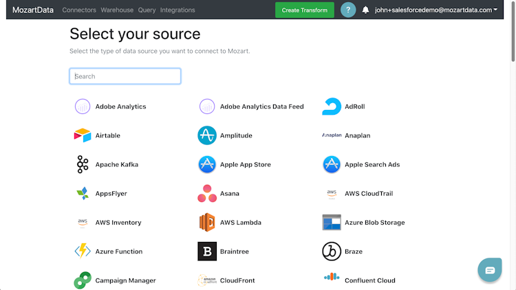 Mozart Data screenshot: Connect all your data sources with over 120 out-of-the-box connectors