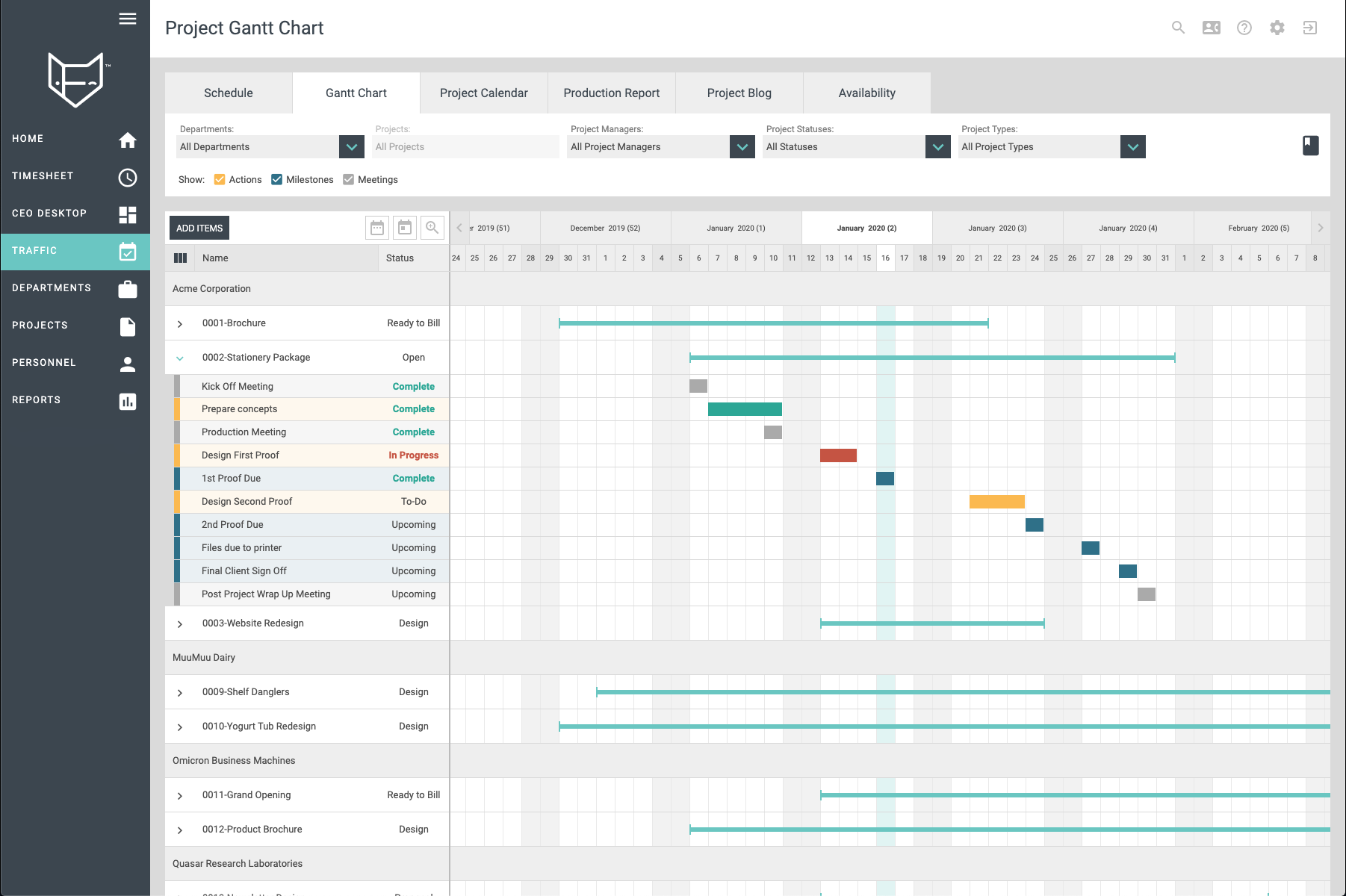FunctionFox Gantt Charts provide an interactive, graphical view of your project schedule, including: actions, milestones, and project meetings. Make on the fly adjustments to your project schedule with easy to use drag and drop functionality.