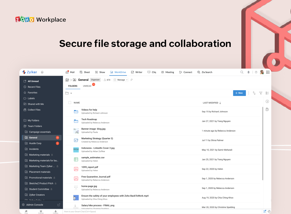 Zoho Workplace secure file storage and collaboration