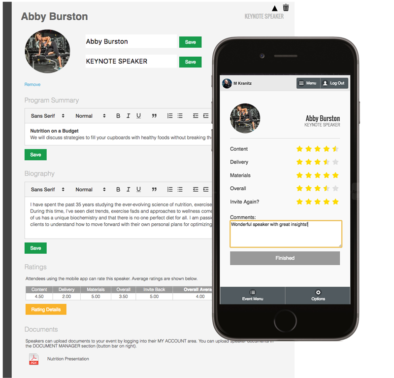 Registered event speakers are added to a speaker library, recording a personal profile containing all associated details that can then be referenced and added to future events