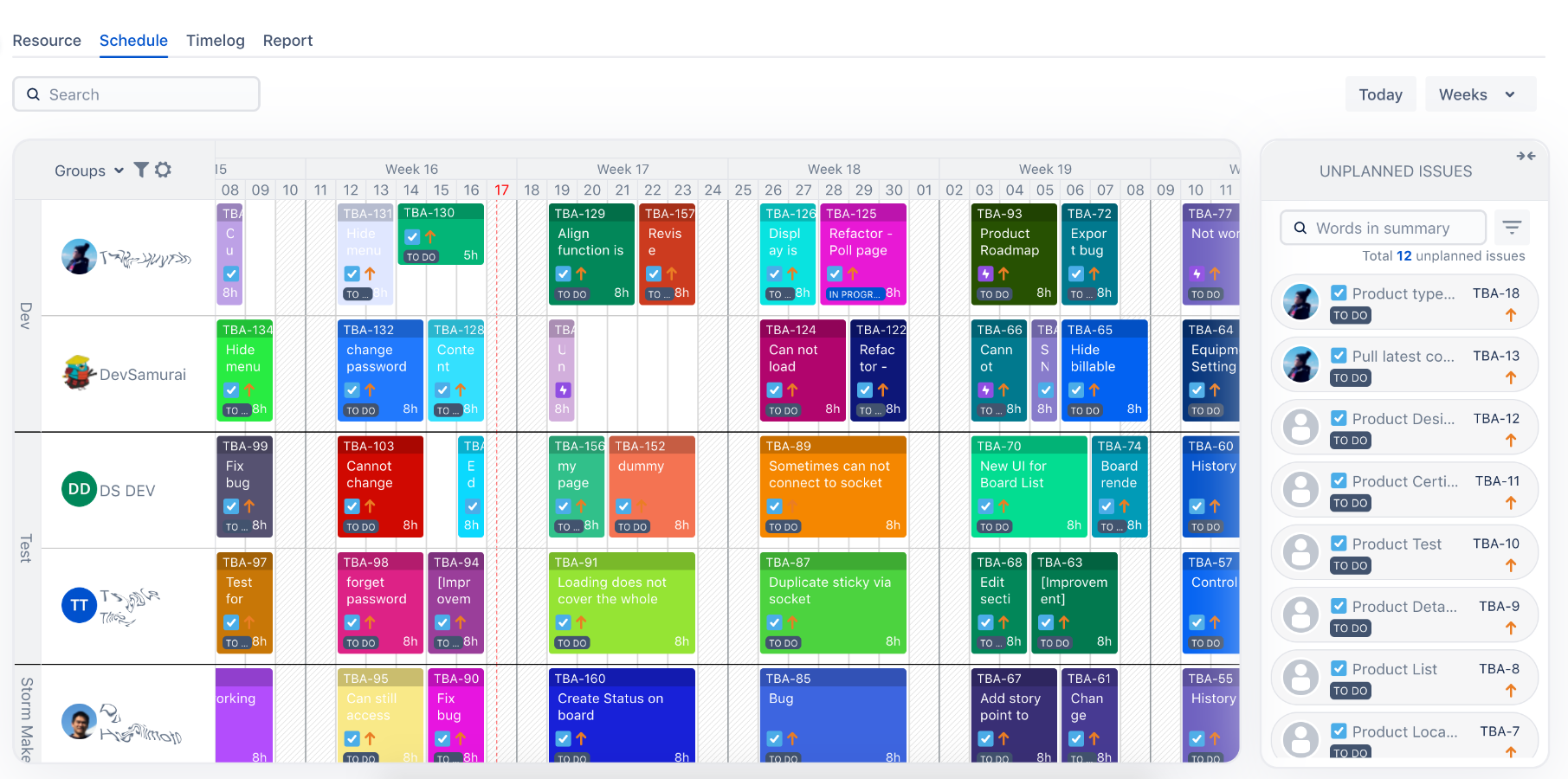 TeamBoard screenshot: Plan tasks in project for you members. Drag/Drop to assign to members. Resize card to change start/end date as well as plan working hours per day for the task.