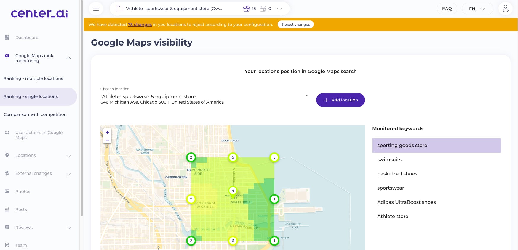 Center AI Software - Google Maps Rank Monitor - This functionality allows you to look at Google Maps search results the way your potential customers see them. By adding search phrases used to find companies similar to yours and your products or services, you can learn