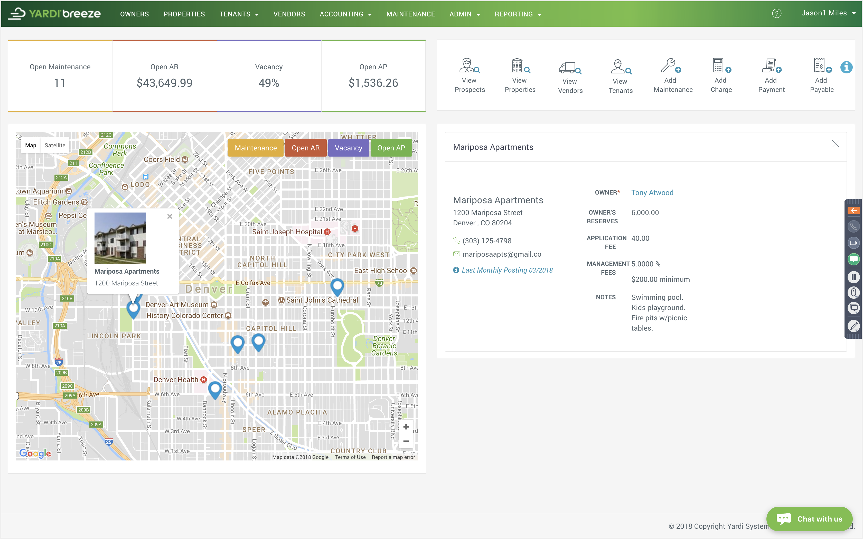Use the Yardi Breeze dashboard as your hub for all operations, with tabs to drill down into owner, property, tenant, vendor, accounting, maintenance, administration and reporting data.