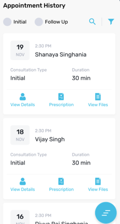 Connect2Clinic screenshot: Connect2Clinic view appointment history