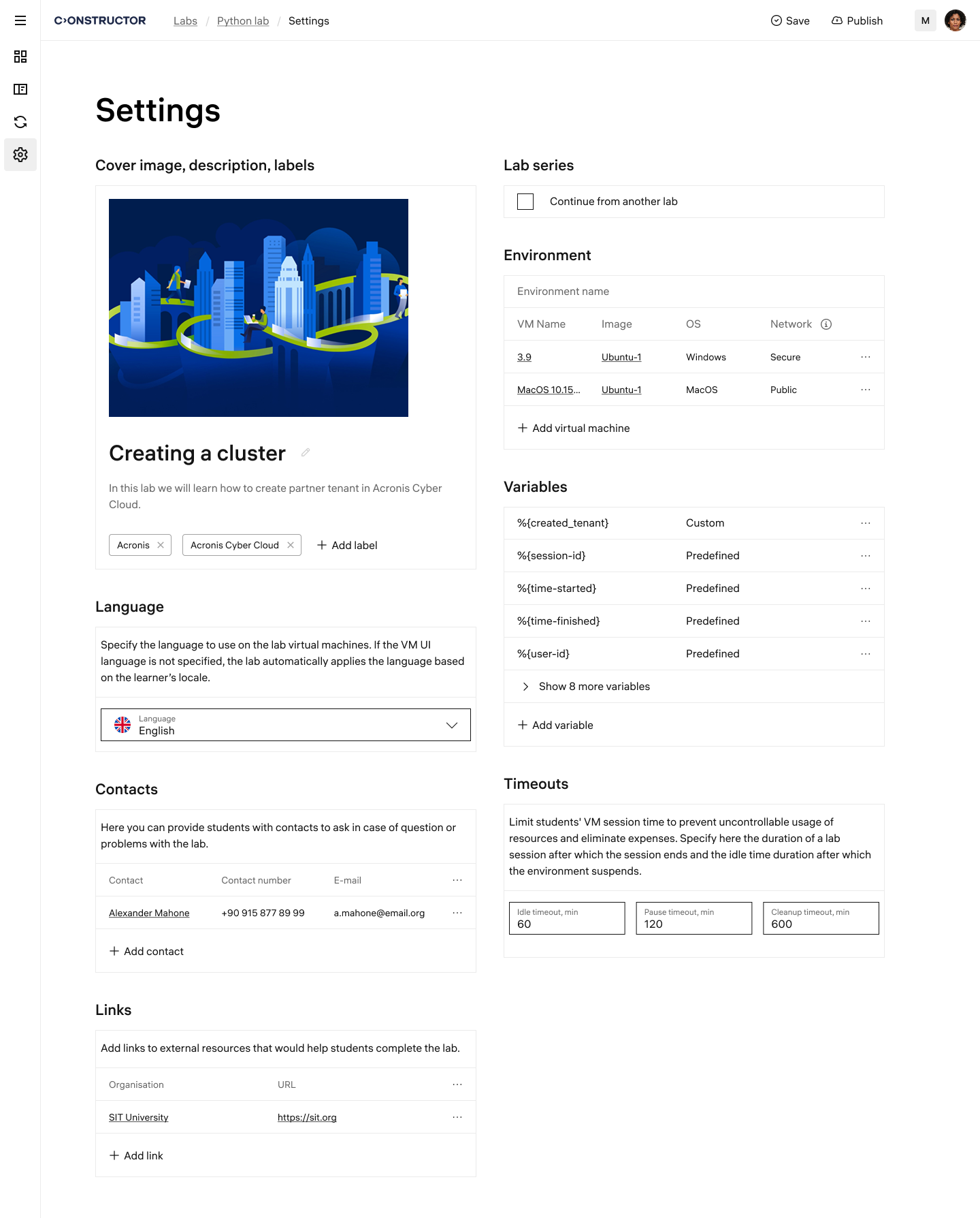 Constructor Practice Software - Lab settings