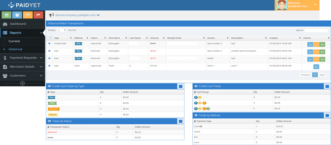PaidYET transaction history screenshot