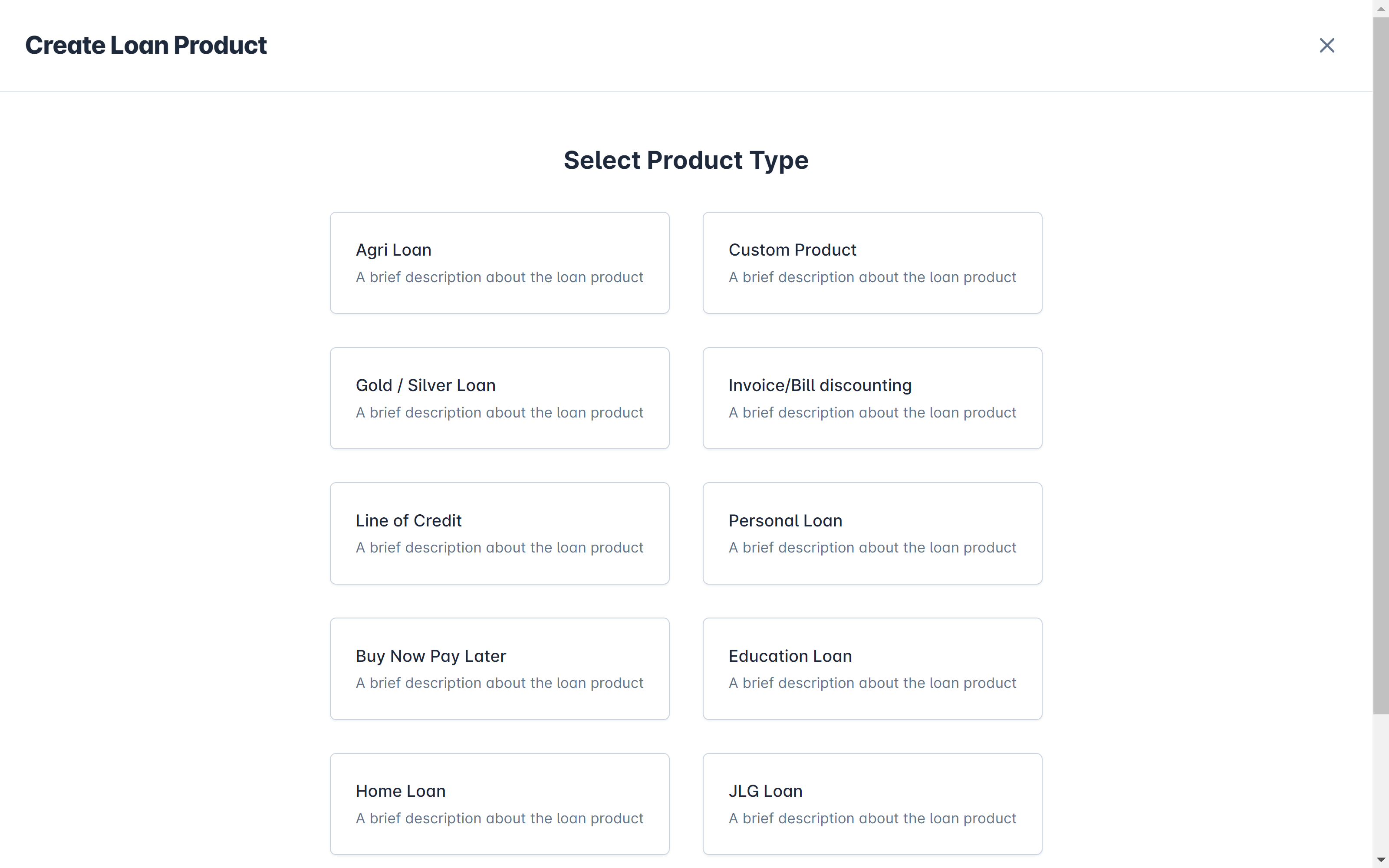 Finflux Software - Loan Product Creation - Dropdown to create customised loan products or choose from existing offerings within the system.