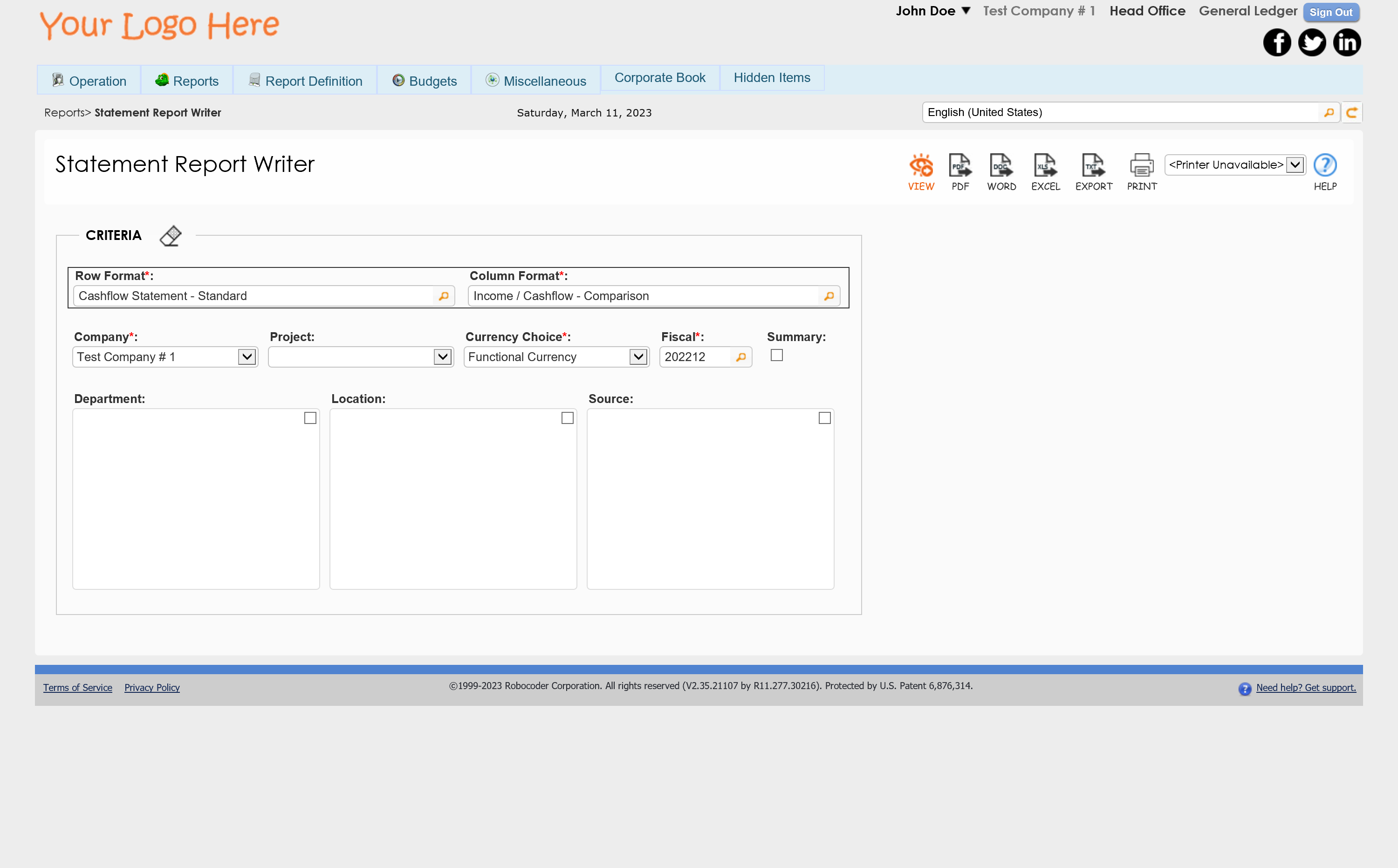 Reports Customization Screen in General Ledger Module