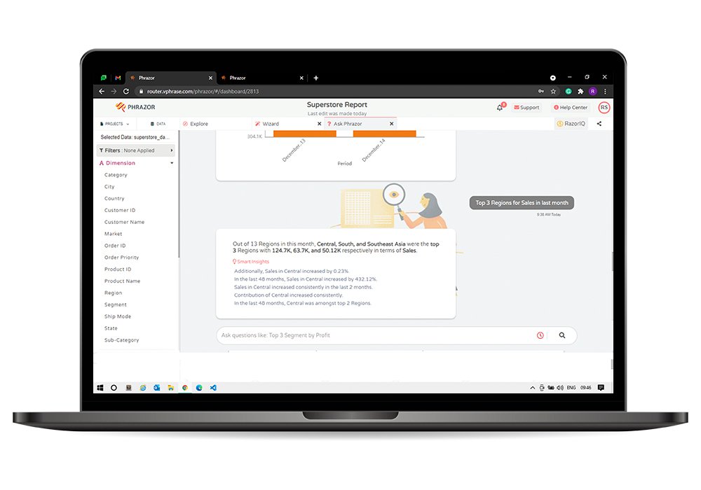 Phrazor screenshot: Phrazor's conversational analytics chatbot, Ask Phrazor, generates real-time answers in language to virtually every natural query. It understands human queries, recognizes industry-specific jargon, allows formation of one’s own set of KPIs, and more.