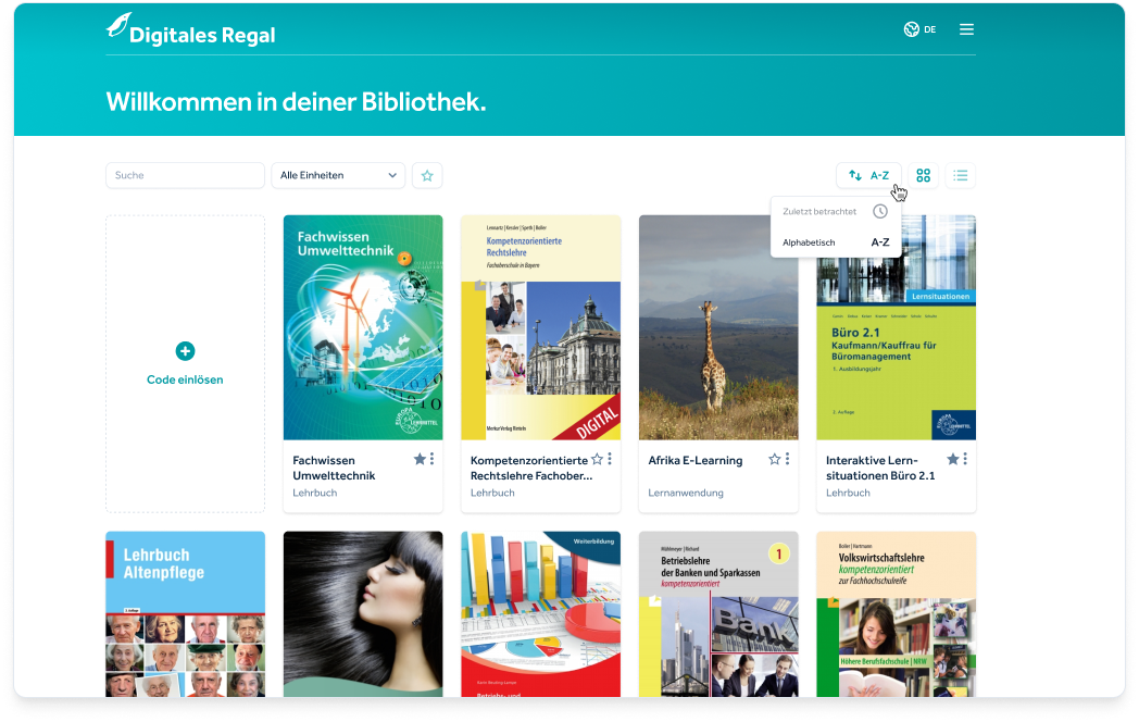 Digitales Regal screenshot: Digitales Regal library - Platform with education materials. With the search function, filter function and favorites users have a good overview about their learning materials.