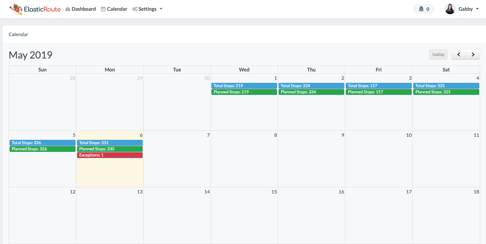 ElasticRoute screenshot: ElasticRoute calendar