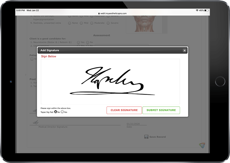 AestheticsPro Software - Capture signatures electronically.