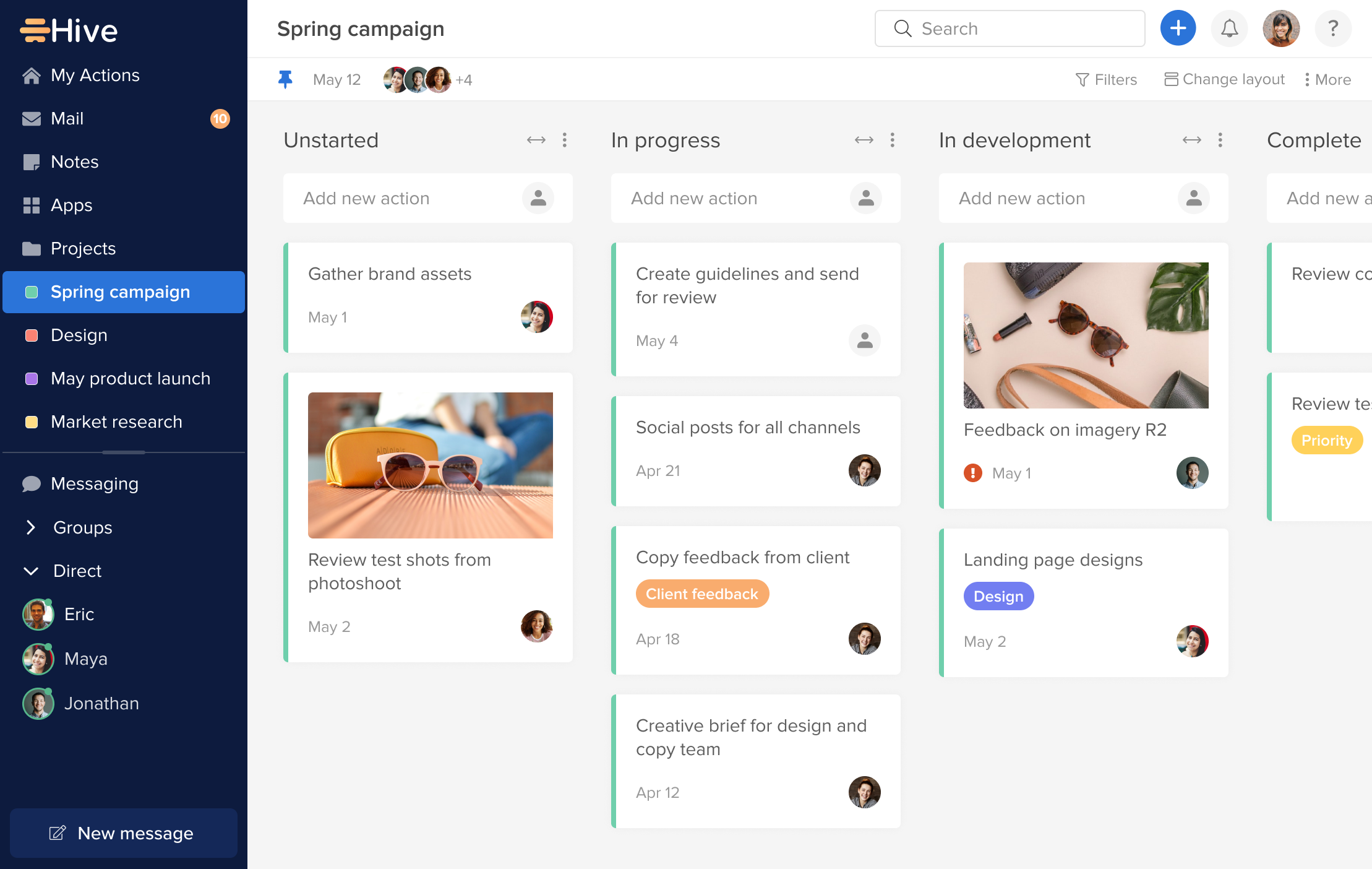 Manage projects in Kanban view. Create custom statuses to match your workflow.