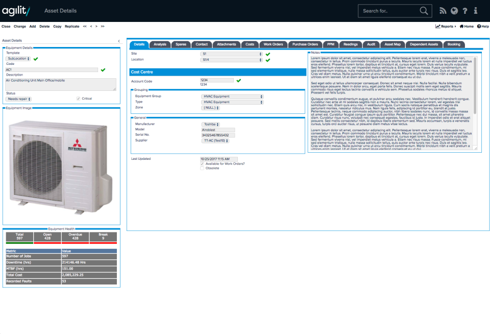 Add asset details such as its location, code and description and include a photo, monitor equipment health, and add notes