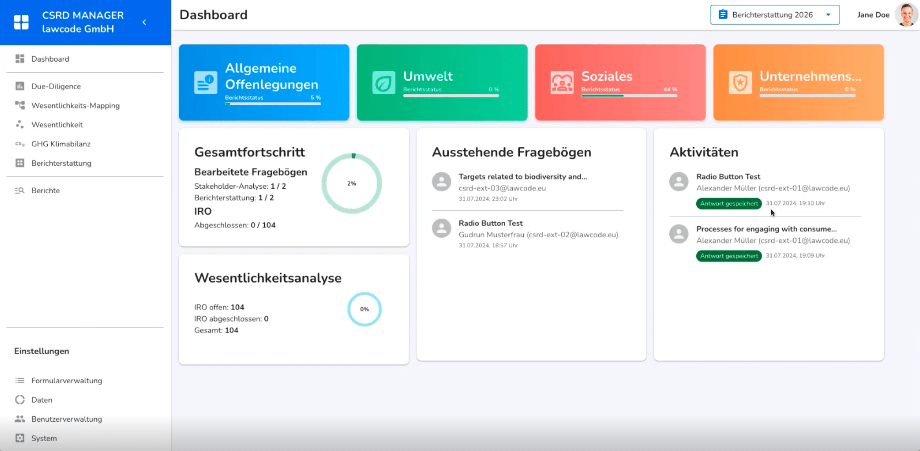 lawcode Suite screenshot: lawcode Suite CSRD manager dashboard 
