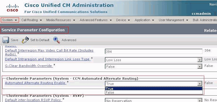Cisco Unified Communications Manager screenshot: Cisco Unified Communications Manager service parameter configuration
