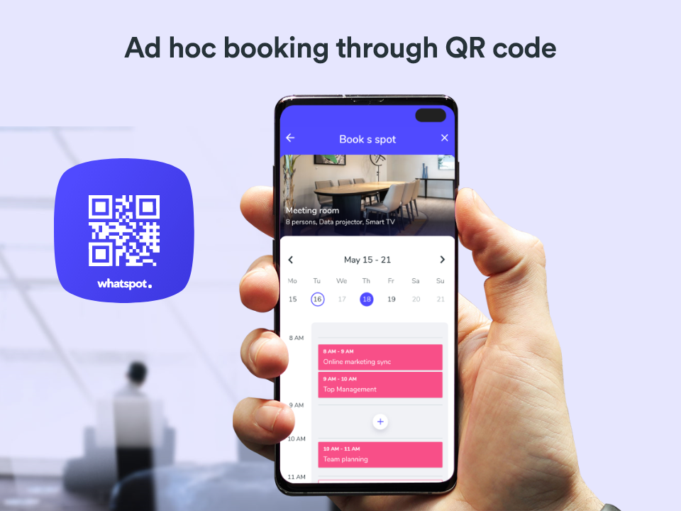 Simply scan the code shown at the spot using your mobile phone to find out immediately if the meeting room or company car is available. If it is then you can book it with just two clicks.