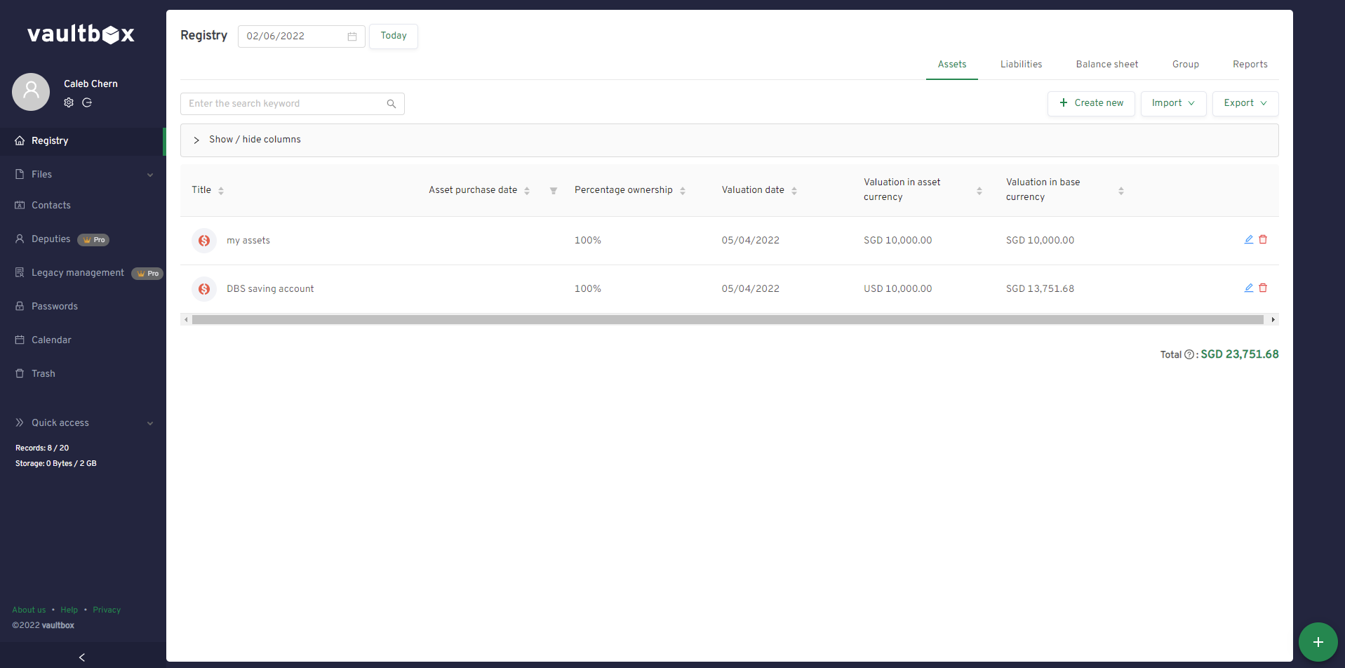 vaultbox screenshot: Homepage