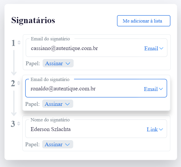 Autentique screenshot: Autentique indicate the signers