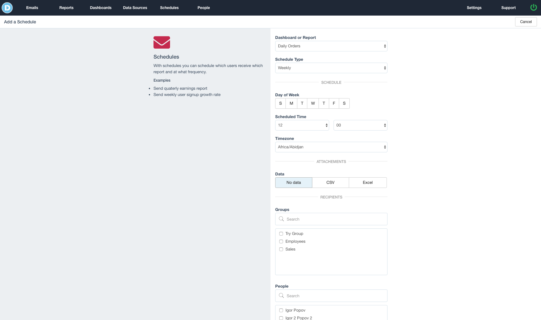 DataReportive add a schedule screenshot