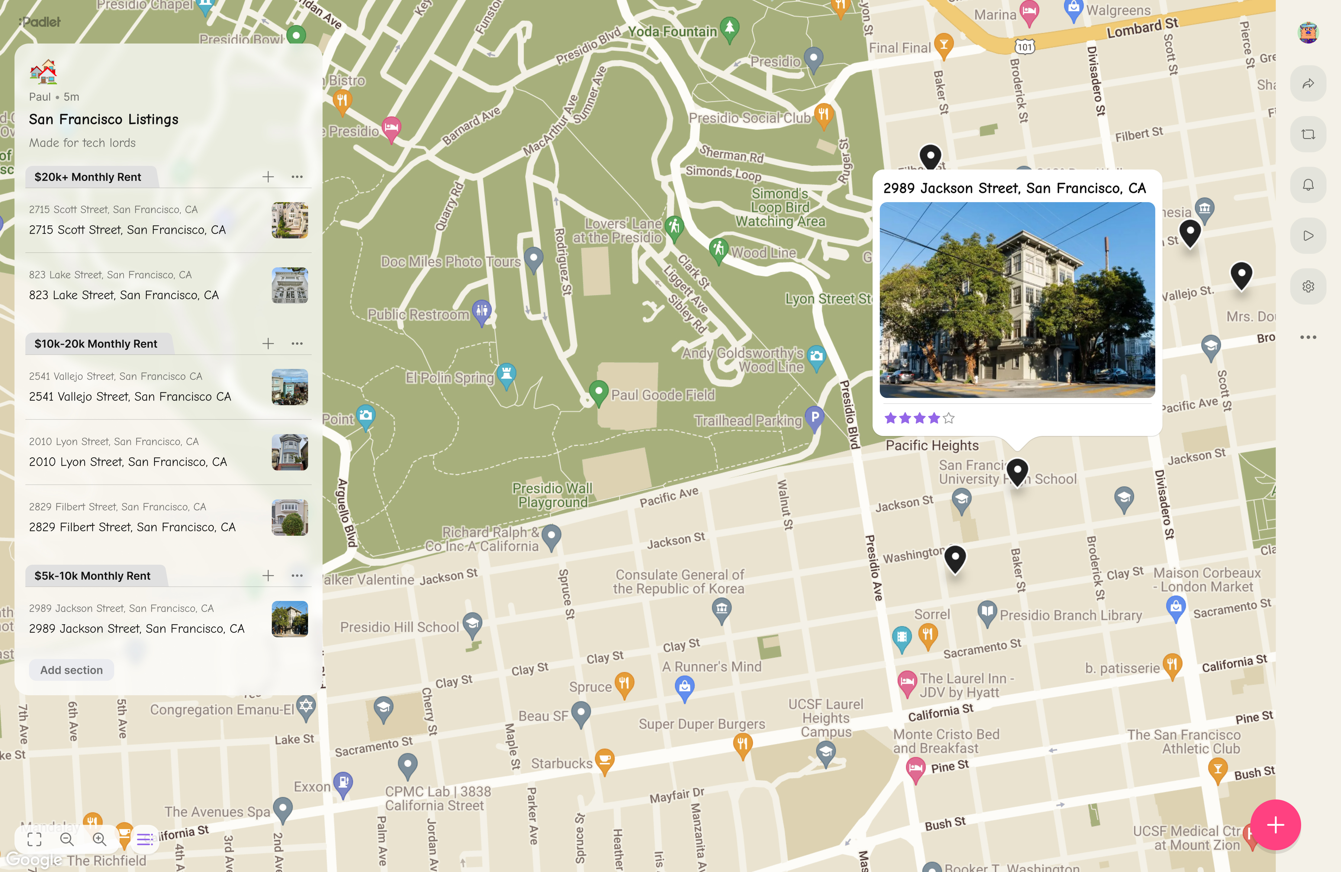 Manage and track real-estate listings on a map padlet.