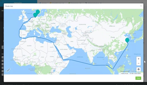 Proxio Emissions screenshot: Route visualisation in Proxio Emissions.