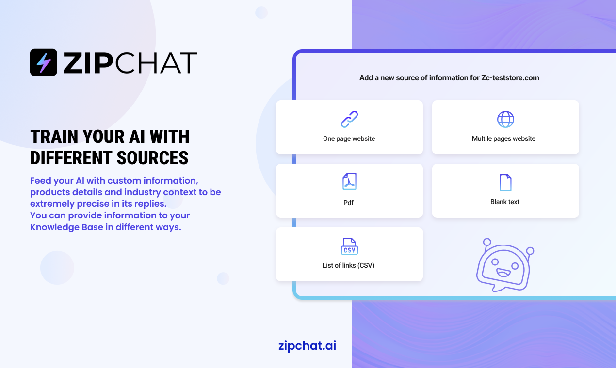 Training Zipchat via their knowledge base fine-tunes its responsiveness to specific customer queries, ensuring accurate, timely support. This tailored assistance boosts customer satisfaction, expedites sales processes, and drives consistent revenue growth