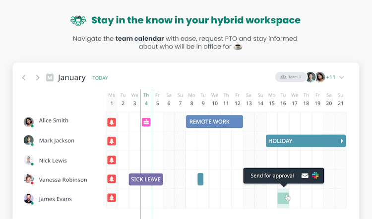 Calamari screenshot: Calendar with detailed information about upcoming absences, holidays, and remote work