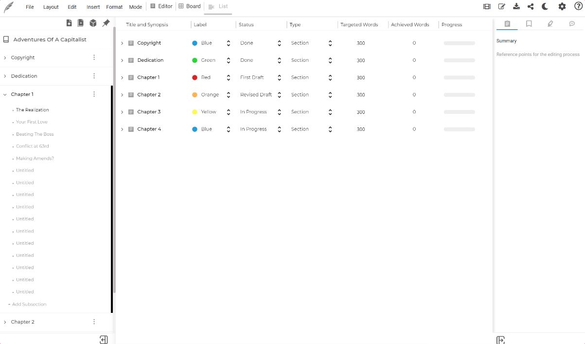 Squibler screenshot: Squibler project management