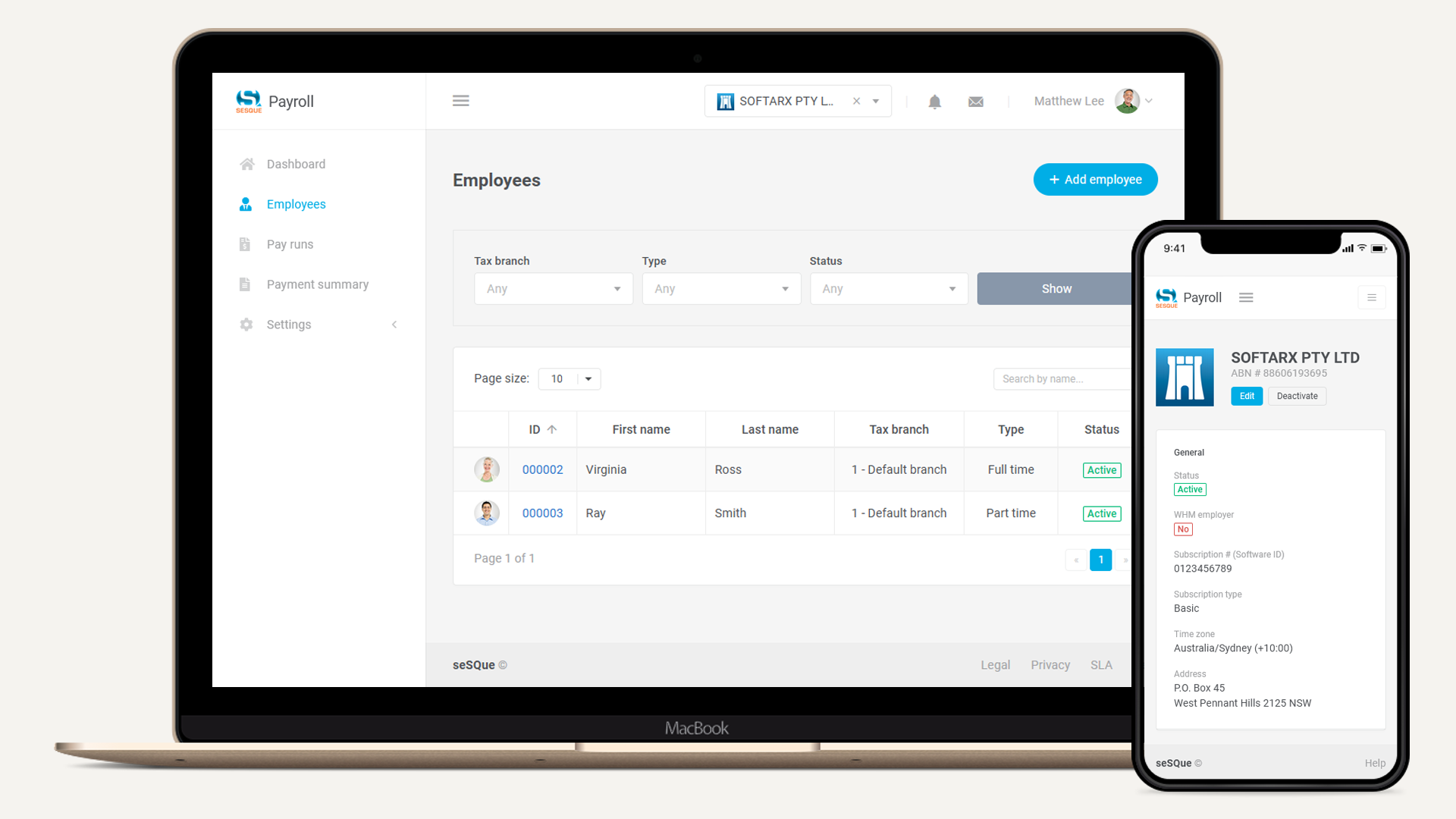 seSQue Payroll screenshot: Cloud-based Single Touch Payroll (STP) software by seSQue, displaying employee management and business settings on desktop and mobile, emphasizing multi-device accessibility and responsive design.