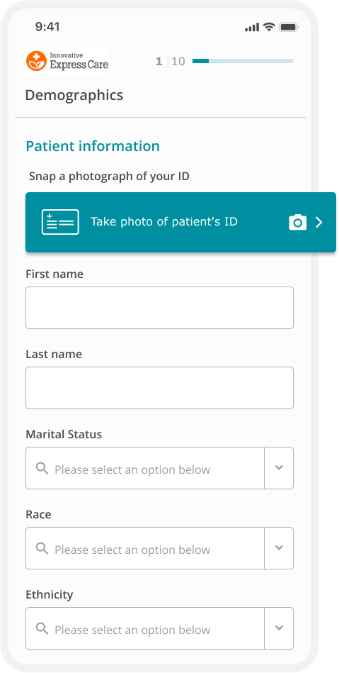 Yosi screenshot: Patient Intake and Check-in - Create a superlative patient and staff experience with customized contactless patient intake tools that seamlessly integrate with your EMR.